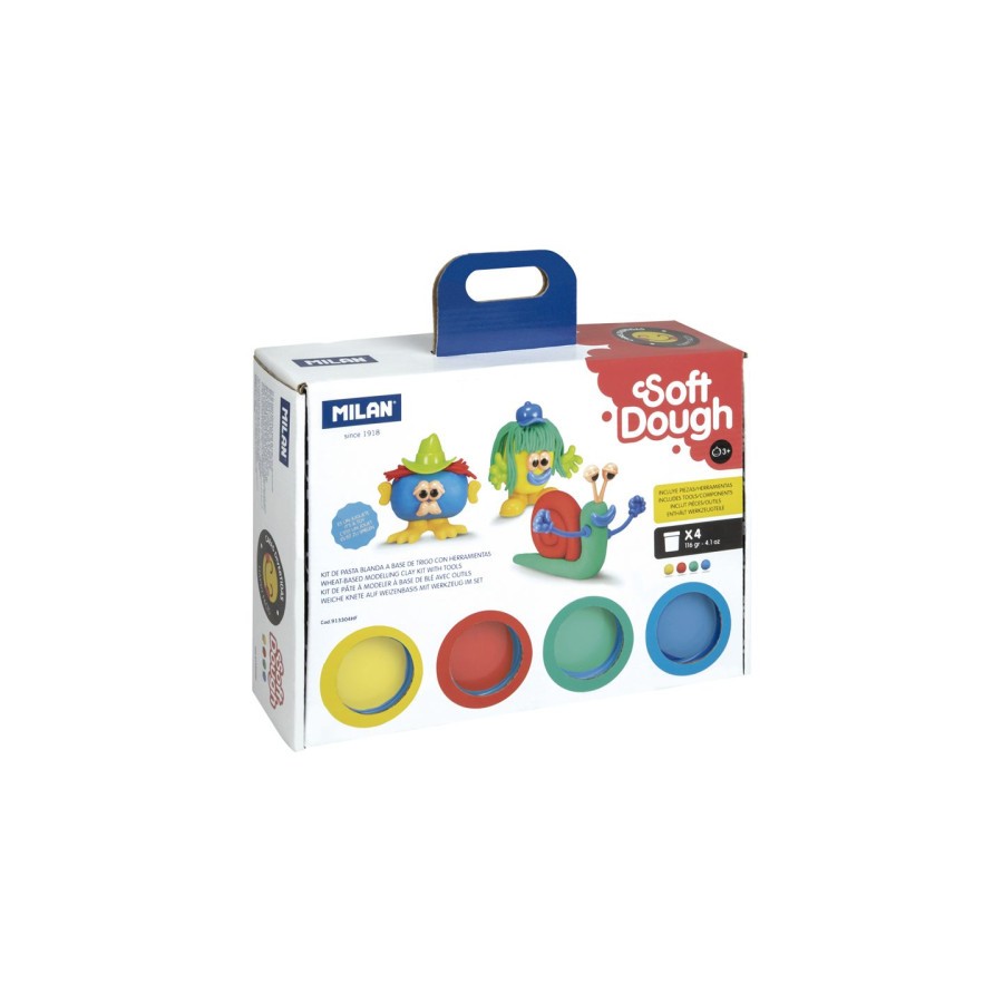 10112-MALETIN 4 BOTES PASTA BLANDA SOFT DOUGH DE 116GR + HERRAMIENTAS "CARAS DIVERTIDAS" MILAN 913304HF