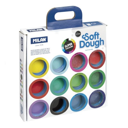 10118-MALETIN 16 BOTES PASTA BLANDA SOFT DOUGH DE 30GR COLORES SURTIDOS (INCLUYE NEON Y GLITTER) MILAN 913316SC