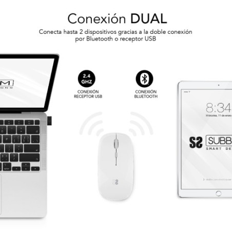 11107-SUBBLIM Raton Optico Inalambrico 2.4G y Bluetooth Dual Flat Mouse Recargable Blanco