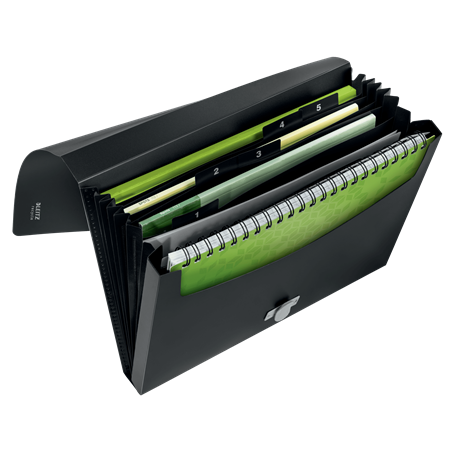 12001-CARPETA POLIPROPILENO ACORDEON 5 POSICIONES+BOLSILLO FRONTAL BROCHE GIRATORIO A4 RECYCLE NEGRO LEITZ 46240095