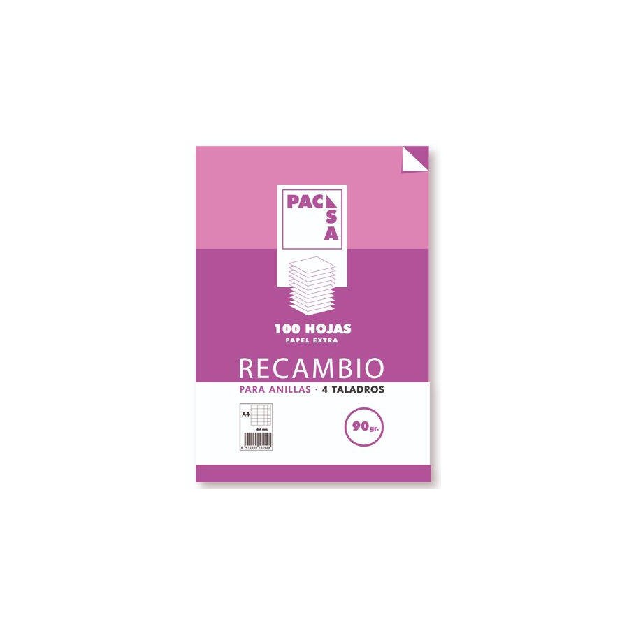1235-RECAMBIO 90 GRS . 4 TALADROS FOLIO (215X310MM.) 100 HOJAS CUADRICULA 4X4 CON MARGEN PACSA 21261