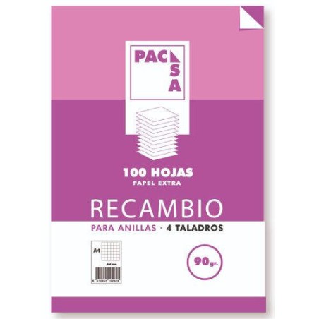 1235-RECAMBIO 90 GRS . 4 TALADROS FOLIO (215X310MM.) 100 HOJAS CUADRICULA 4X4 CON MARGEN PACSA 21261