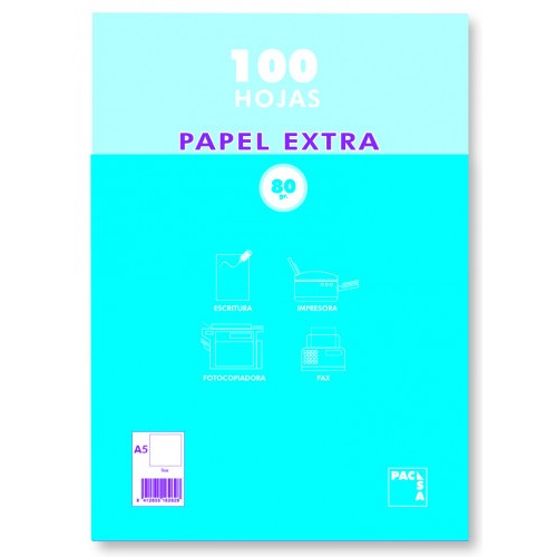1238-PAQUETE PAPEL EXTRA BLANCO SATINADO 100 HOJAS 80 GRS. A-5 (148X210MM.) LISO PACSA 21814