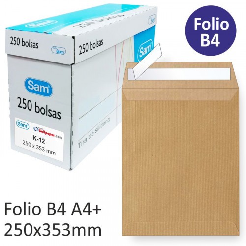 1263-CAJA 250 BOLSAS DIN B4 FOLIO (250X353) KRAFT 90 GRS. AUTOSAM AUTOADHESIVO CON TIRA DE SILICONA SAM 145607