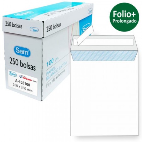 1268-CAJA 250 BOLSAS FOLIO PROLONGADO (260X360) OFFSET BLANCO 100 GRS. OPENSAM AUTOADHESIVO CON TIRA DE SILICONA SAM 149
