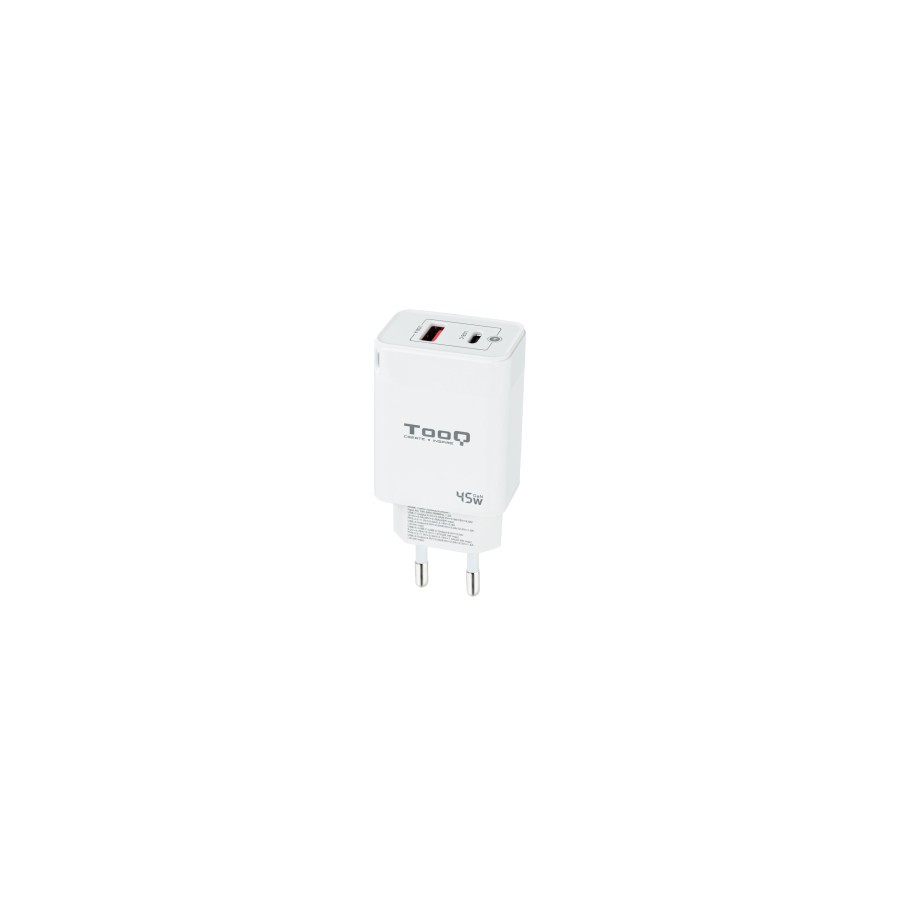 12716-TooQ Cargador de Pared GaN USB-C/PD + USB-A/QC 45W, Blanco