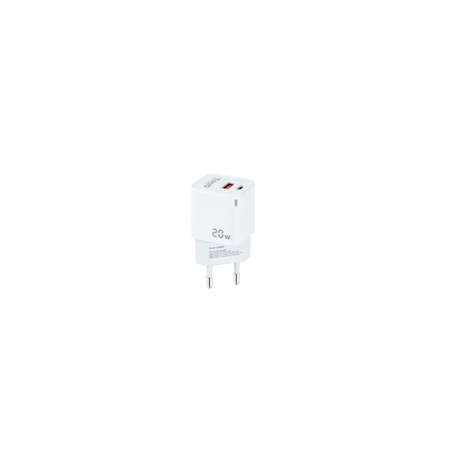 12720-TooQ Cargador de Pared USB-C/PD + USB-A/QC 20W, Blanco