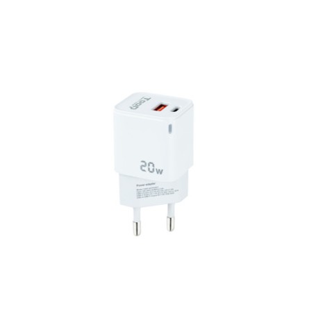 12720-TooQ Cargador de Pared USB-C/PD + USB-A/QC 20W, Blanco