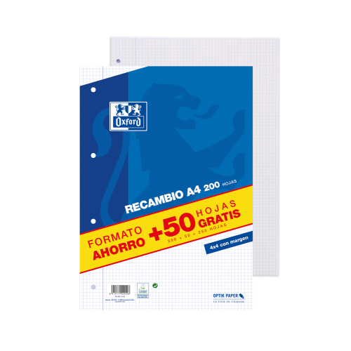 13013-RECAMBIO A4 200+50 HOJAS 90GRS 4X4 MARGEN AZUL OXFORD 400119437