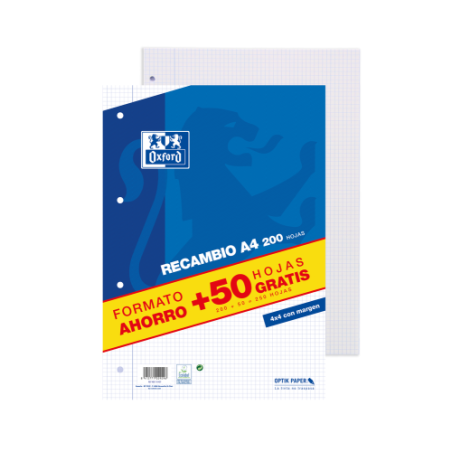 13013-RECAMBIO A4 200+50 HOJAS 90GRS 4X4 MARGEN AZUL OXFORD 400119437