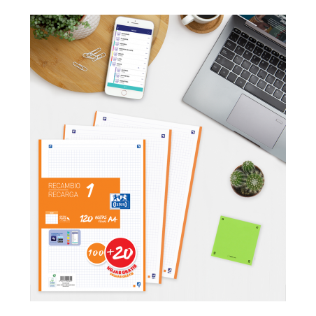 13019-RECAMBIO COLOR 1 A4 100+20 HOJAS 5X5 NARANJA 90GRS OXFORD 400158163