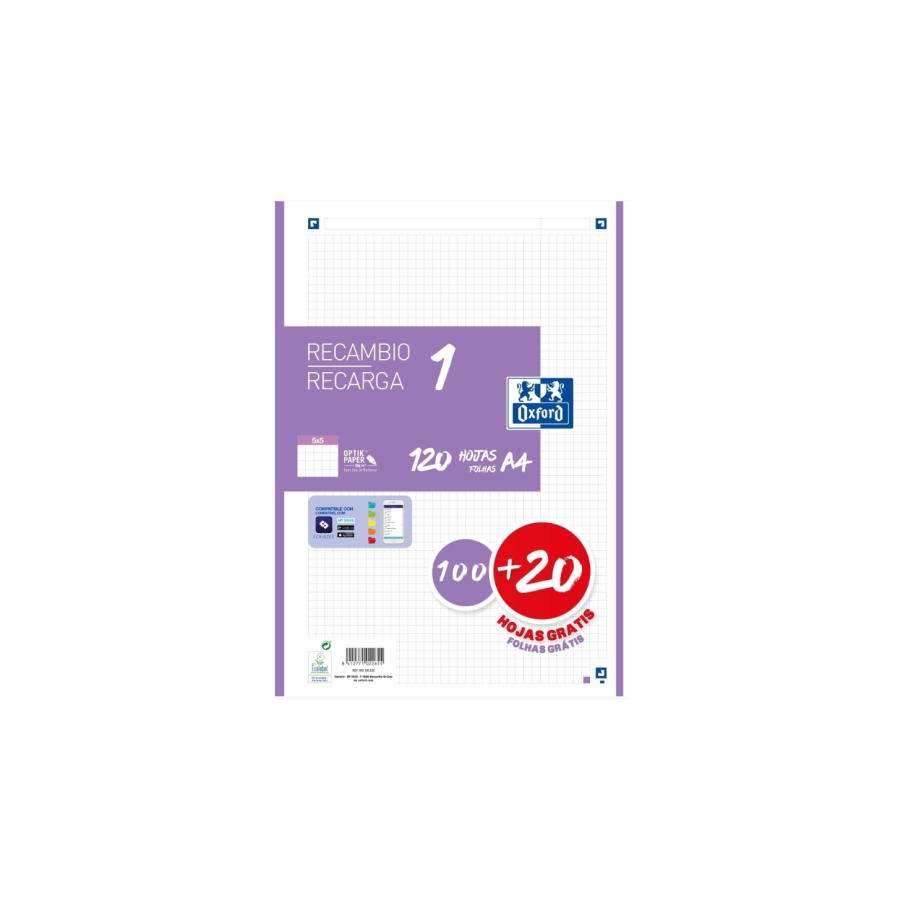 13020-RECAMBIO COLOR 1 A4 100+20 HOJAS 5X5 LILA 90GRS OXFORD 400158164