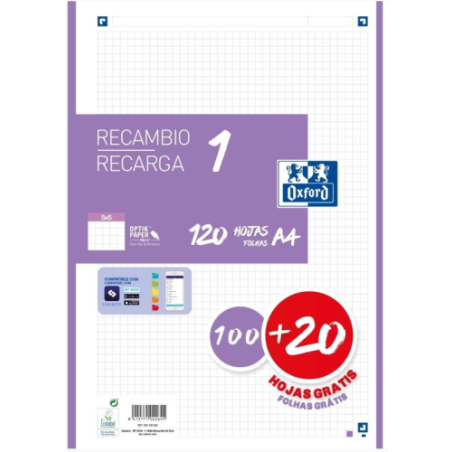 13020-RECAMBIO COLOR 1 A4 100+20 HOJAS 5X5 LILA 90GRS OXFORD 400158164