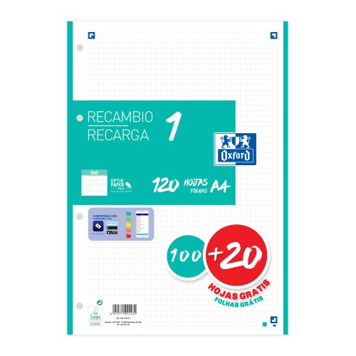 13022-RECAMBIO COLOR 1 A4  100+20 HOJAS 5X5 ICE MINT 90GRS OXFORD 400158057