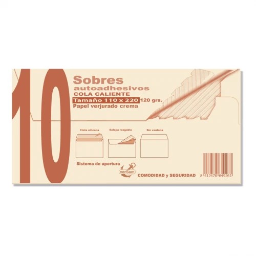 1306-PAQUETES DE 10 SOBRES CREMA VERJURADO 110X220 120 GRS. SAM 664926