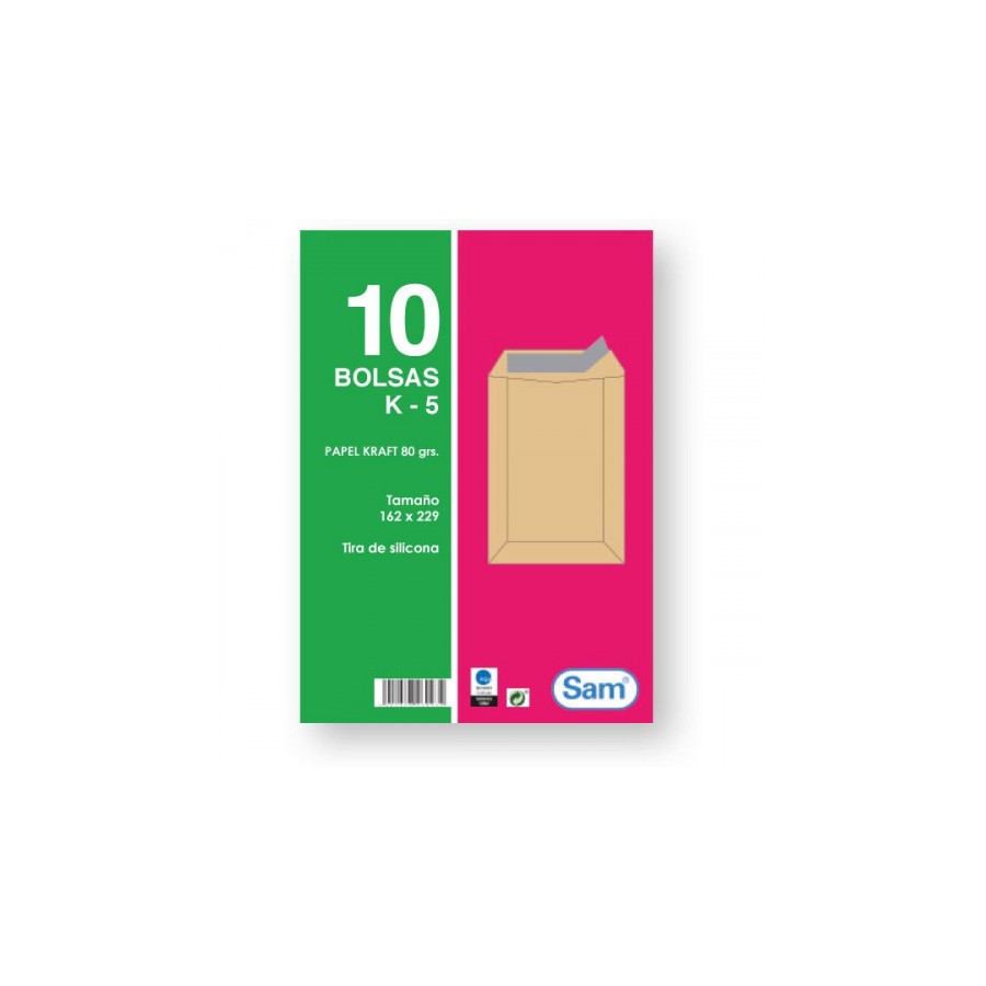 1311-PAQUETES DE 10 BOLSAS KRAFT, CON TIRA DE SILICONA TAMANO 162X229 80 GRS. SAM 665098