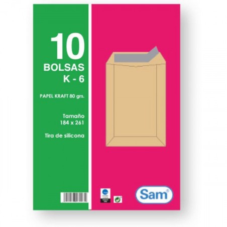 1312-PAQUETES DE 10 BOLSAS KRAFT, CON TIRA DE SILICONA TAMANO 184X261 80 GRS. SAM 665099