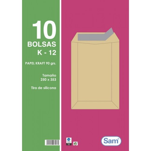 1314-PAQUETES DE 10 BOLSAS KRAFT, CON TIRA DE SILICONA TAMANO 250X353 90 GRS. SAM 665101