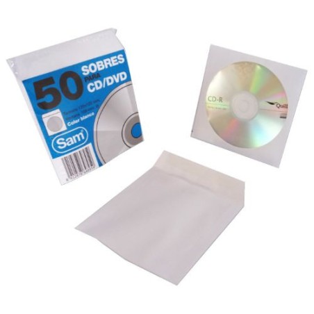1320-PAQUETE 50 SOBRES PARA CD / DVDS. BLANCO 90 GRS. VENTANA PLASTIC0 108 DIAMETRO 125X125 ENGOMADO AUTOADHESIVO SAM 66