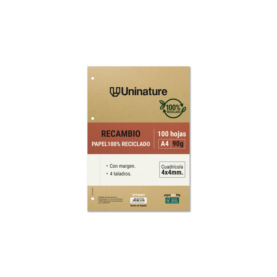 14574-RECAMBIO RECICLADO A4 100 HOJAS 90GR CUADRICULA 4X4 MM CON TALADROS UNINATURE 53392700