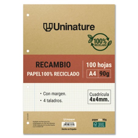14574-RECAMBIO RECICLADO A4 100 HOJAS 90GR CUADRICULA 4X4 MM CON TALADROS UNINATURE 53392700