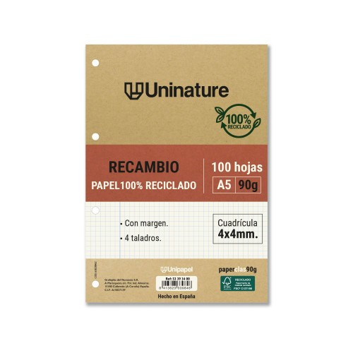 14575-RECAMBIO RECICLADO A5 100 HOJAS 90GR CUADRICULA 4X4 MM CON TALADROS UNINATURE 53393400