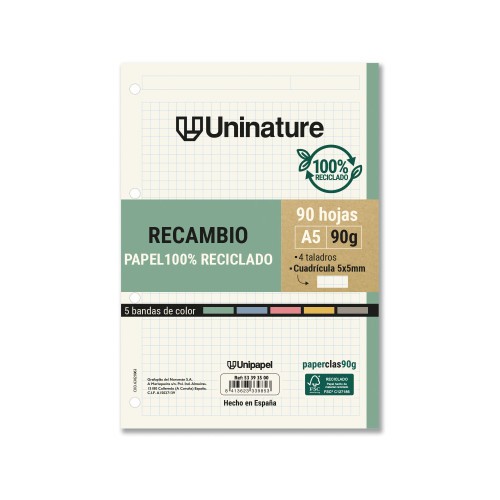 14576-RECAMBIO RECICLADO A5 90 HOJAS 90GR CUADRICULA 5X5 MM CON TALADROS 5 BANDAS COLOR UNINATURE 53393500