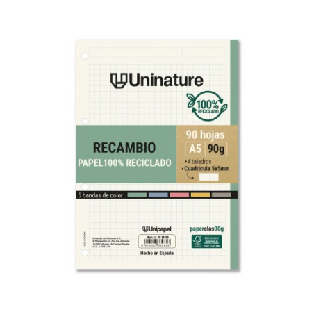 14576-RECAMBIO RECICLADO A5 90 HOJAS 90GR CUADRICULA 5X5 MM CON TALADROS 5 BANDAS COLOR UNINATURE 53393500
