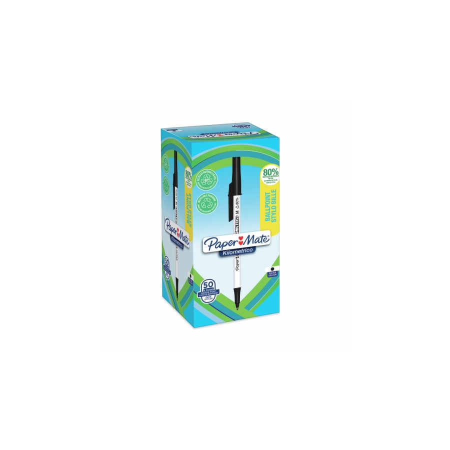 14820-CAJA 50 BOLIGRAFOS PAPER MATE KILOMETRICO PUNTA MEDIANA (1,0MM) TINTA NEGRA 80% PLASTICO RECICLADO PAPER MATE 2187