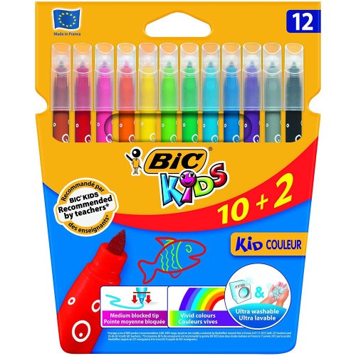 1501-ESTUCHE 10+2 ROTULADORES ULTRALAVABLES KID COULEUR TRAZO 0,8MM. 12 COLORES BIC 9202942