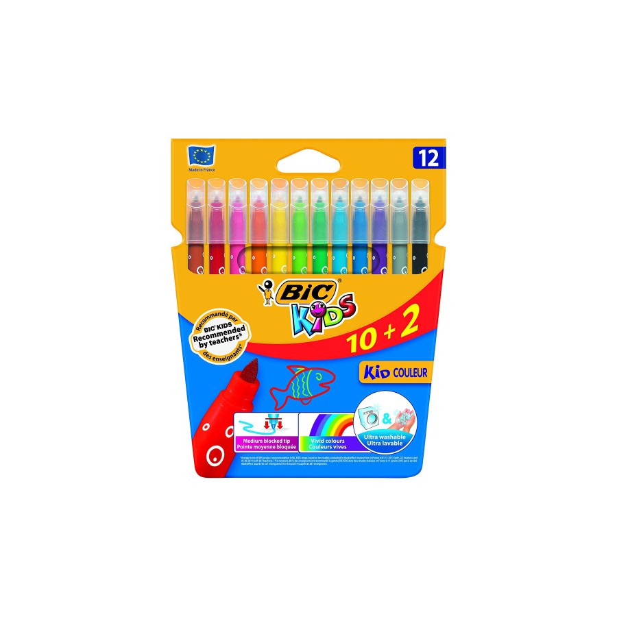 1501-ESTUCHE 10+2 ROTULADORES ULTRALAVABLES KID COULEUR TRAZO 0,8MM. 12 COLORES BIC 9202942