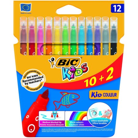1501-ESTUCHE 10+2 ROTULADORES ULTRALAVABLES KID COULEUR TRAZO 0,8MM. 12 COLORES BIC 9202942