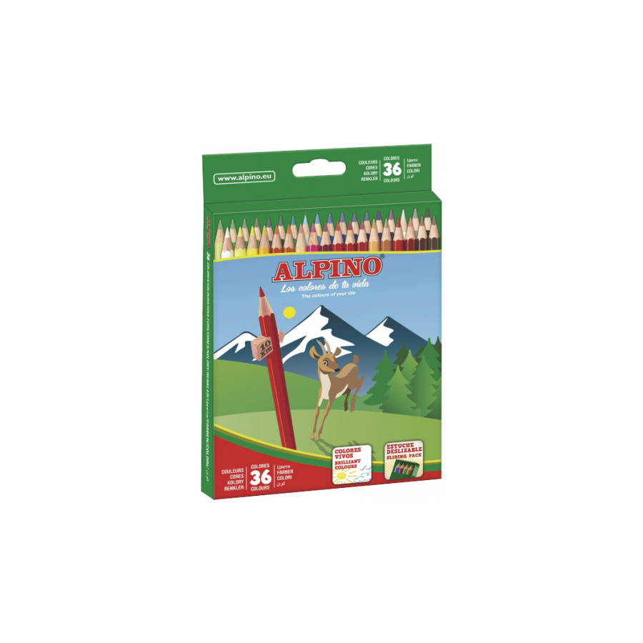 1519-ESTUCHE CARTON 36 UNIDADES LAPICES HEXAGONALES ALTA CALIDAD 3MM. COLORES SURTIDOS ALPINO AL010600