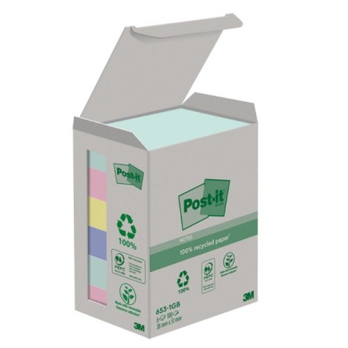 15522-PACK 6 BLOCS 100 HOJAS NOTAS RECICLADAS ADHESIVAS 38X51MM COLORES SURTIDOS CAJA CARTON 653-1GB POST-IT 7100259445