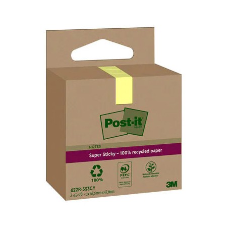 15523-PACK 3 BLOCS 70 HOJAS NOTAS RECICLADAS ADHESIVAS 47,6X47,6MM SUPER STICKY AMARILLO PASTEL CAJA CARTON 622 RSS3CY P