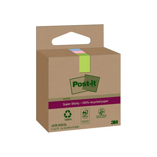 15524-PACK 3 BLOCS 70 HOJAS NOTAS RECICLADAS ADHESIVAS 47,6X47,6MM SUPER STICKY COLORES SURTIDOS CAJA CARTON 622 RSS3COL
