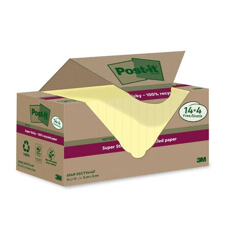 15541-PACK 14+4 BLOCS 90 HOJAS NOTAS RECICLADAS ADHESIVAS 76X76MM SUPER STICKY AMARILLO PASTEL 654 RSSCY14+4 POST-IT 710