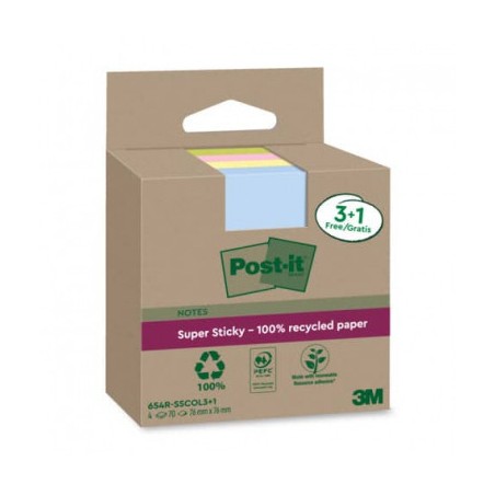 15545-PACK 3+1 BLOCS 90 HOJAS NOTAS RECICLADAS ADHESIVAS 76X76MM SUPER STICKY COLORES SURTIDOS 654 RSSCOL3+1 POST-IT 710