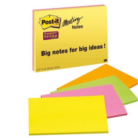 15586-PACK 4 BLOCS 45 HOJAS NOTAS GRANDES ADHESIVAS 203X152MM SUPER STICKY COLORES SURTIDOS NEON 6845-SSP POST-IT 710023