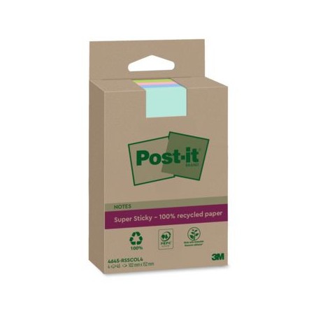 15589-PACK 4 BLOCS 45 HOJAS NOTAS RECICLADAS ADHESIVAS 102X152MM SUPER STICKY COLORES SURTIDOS CON LINEAS 4645-RSSCOL4 P