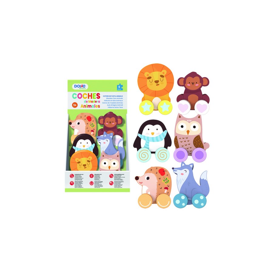 17256-EXPOSITOR DE 6 COCHECITOS DE ANIMALES DE MADERA - A PARTIR DE 1 ANO DOHE 64002