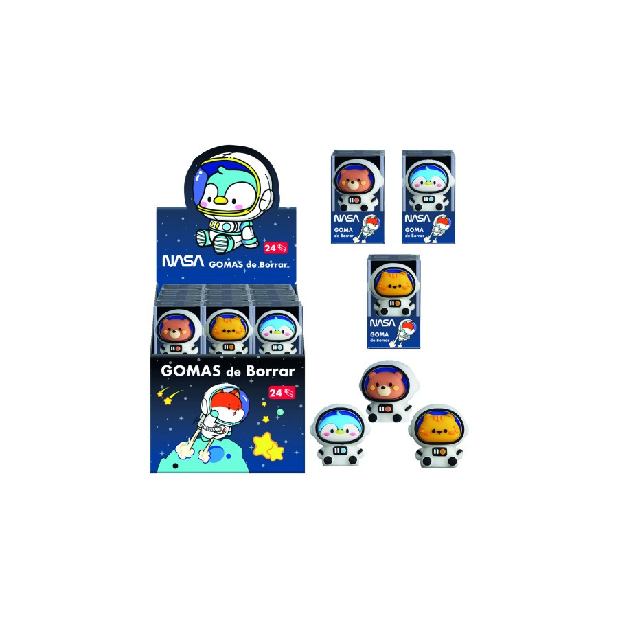 17287-EXPOSITOR CON 24 GOMAS DE BORRAR ASTRONAUTAS-ANIMALES - NASA DOHE 79648