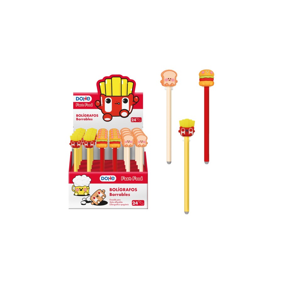 17297-EXPOSITOR CON 24 BOLIGRAFOS BORRABLES FAST FOOD DOHE 79688