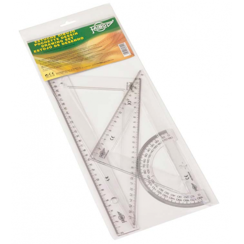 1862-ESTUCHE CON REGLA / ESCUADRA / CARTABON Y SEMICIRCULO 30 CM. PLASTICO FAIBO 806
