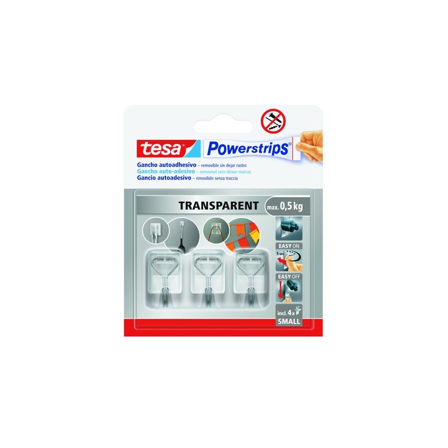 20036-BLISTER 3 GANCHOS ADHESIVOS ALAMBRE POWERSTRIPS 0,5KG TAMANO S TRANSPARENTE TESA 58620-00001-01