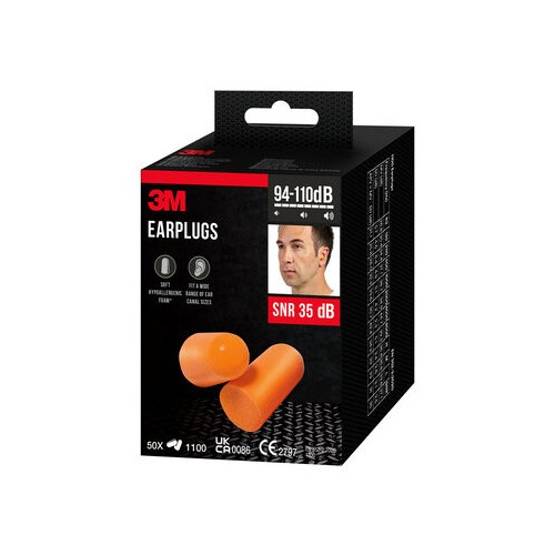 20088-PACK 50 PARES TAPONES OIDO 1100 SNR-35DB EN BOLSAS INDIVIDUALES ESPUMA POLIURETANO 1100-50 3M 7100334748