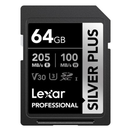 20330-LEXAR 64GB PROFESSIONAL SILVER PLUS SDXC UHS-I CARDS,  UP TO 205MB/S READ 100MB/S WRITE C10 V30 U3