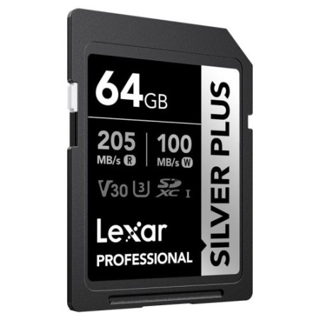20331-LEXAR 64GB PROFESSIONAL SILVER PLUS SDXC UHS-I CARDS,  UP TO 205MB/S READ 100MB/S WRITE C10 V30 U3