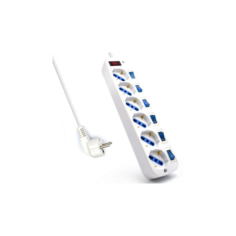 22211-EWENT REGLETA 6 TOMAS SCHUKO CON INTERRUPTOR INDIVIDUAL. CABLE 5M. BLANCO (EW3932-5M)