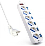 22211-EWENT REGLETA 6 TOMAS SCHUKO CON INTERRUPTOR INDIVIDUAL. CABLE 5M. BLANCO (EW3932-5M)